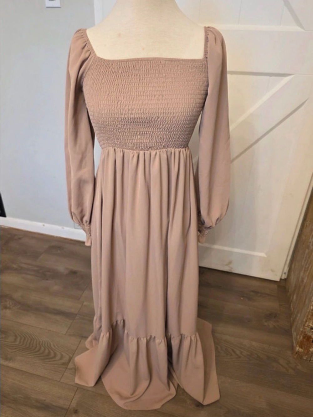 SHEIN Taupe Smocked Bodice Long Sleeve Maxi Dress